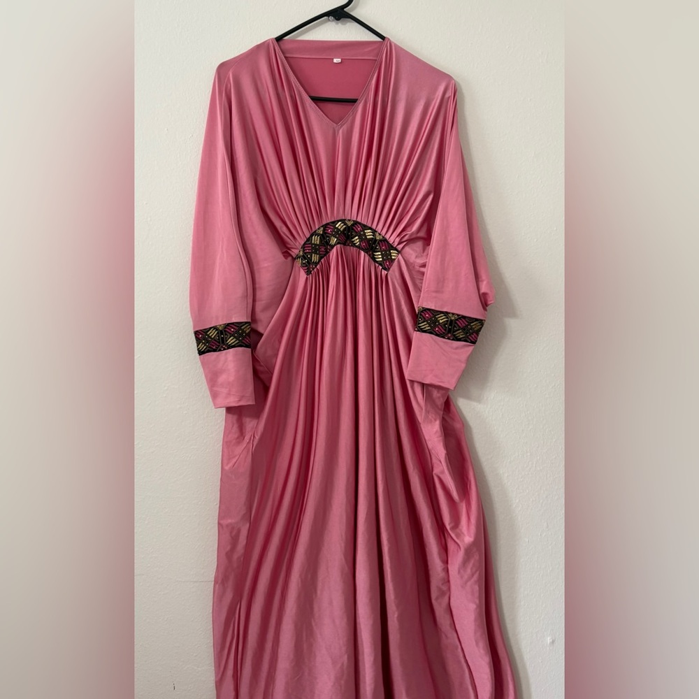 Pink Long Kaftan with Embroidered Trim